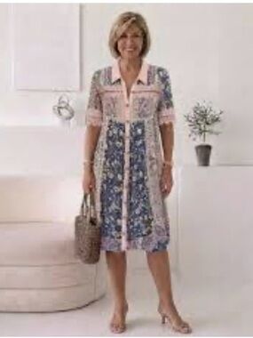 Pink and Blue Patchwork Midi Shirt Dress
